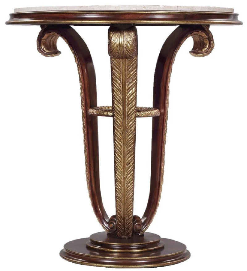 Casa Padrino Luxus Barock Beistelltisch Braun / Gold / Creme Ø 69 x H. 73 cm - Runder Mahagoni Tisch mit Marmorplatte und dekorativen handgeschnitzten Federn - Barock Wohnzimmer Möbel