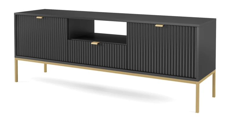 TV-Schrank Vellore 154 cm schwarz mit gerillten Fronten und goldenem Gestell