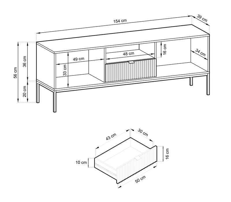TV-Schrank Vellore 154 cm schwarz mit gerillten Fronten und goldenem Gestell