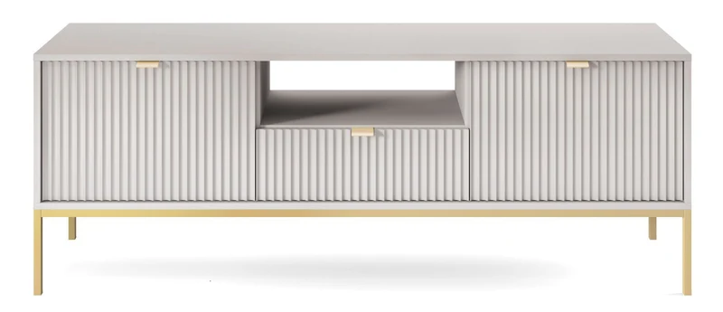 TV-Schrank Vellore 154 cm grau mit gerillten Fronten und goldenem Gestell
