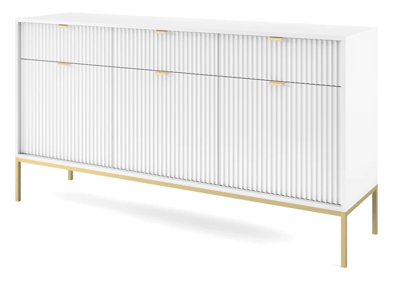 Drehtür-Kommode Vellore 154 cm weiß mit gerillten Fronten und goldenem Gestell