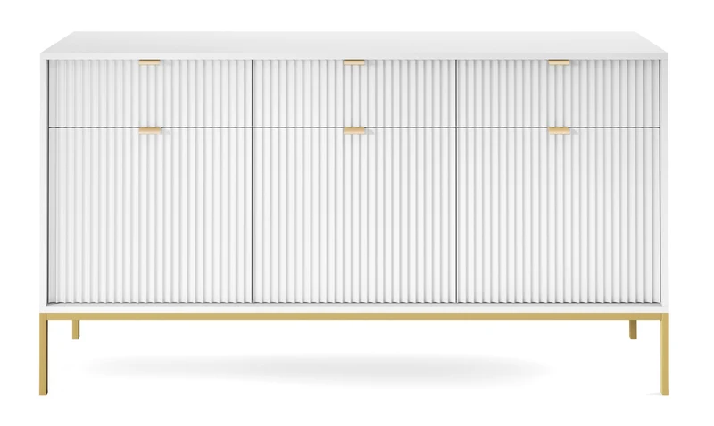 Drehtür-Kommode Vellore 154 cm weiß mit gerillten Fronten und goldenem Gestell
