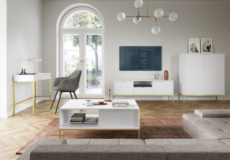 TV-Schrank Vellore 154 cm weiß mit gerillten Fronten und goldenem Gestell