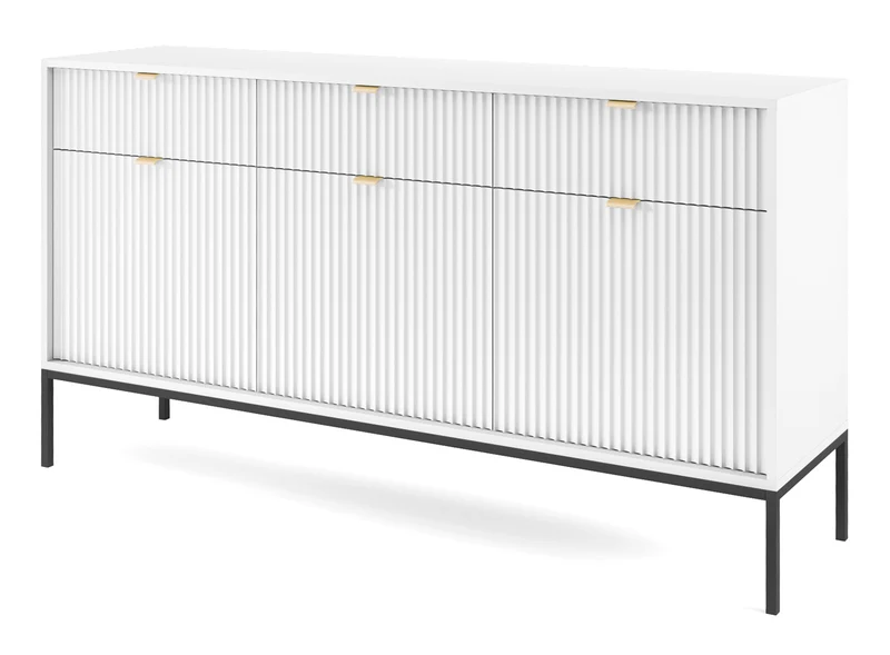 Drehtür-Kommode Vellore 154 cm weiß mit gerillten Fronten und goldenen Griffen