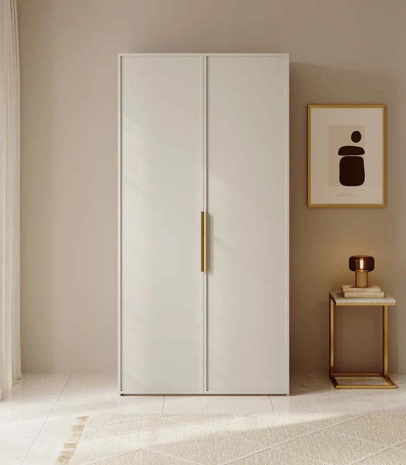 Zweiflügeliger Frame-Kleiderschrank mit 100 cm Kleiderstange, Grau-Beige