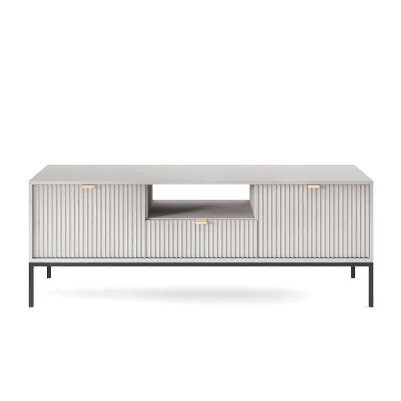 TV-Schrank Vellore 154 cm grau mit geriffelten Fronten und goldenen Griffen