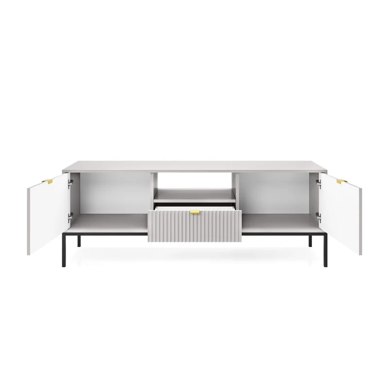 TV-Schrank Vellore 154 cm grau mit geriffelten Fronten und goldenen Griffen