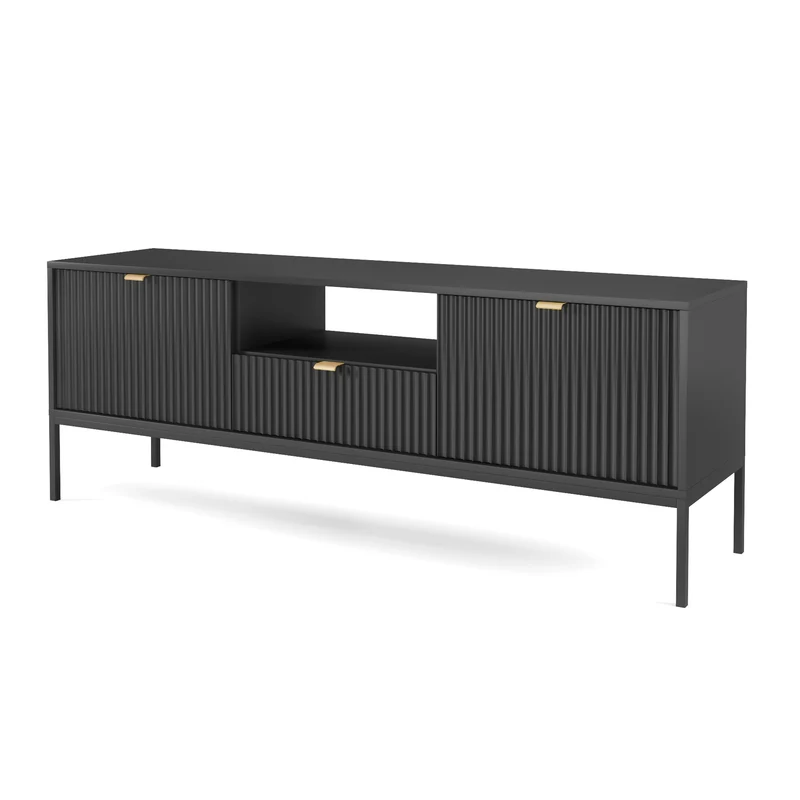 TV-Schrank Vellore 154 cm schwarz mit gerillten Fronten und goldenen Griffen