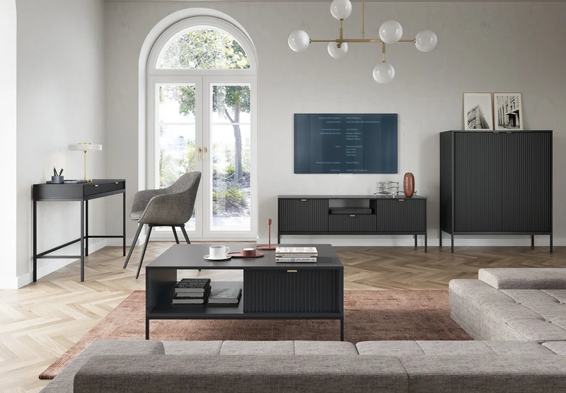 TV-Schrank Vellore 154 cm schwarz mit gerillten Fronten und goldenen Griffen
