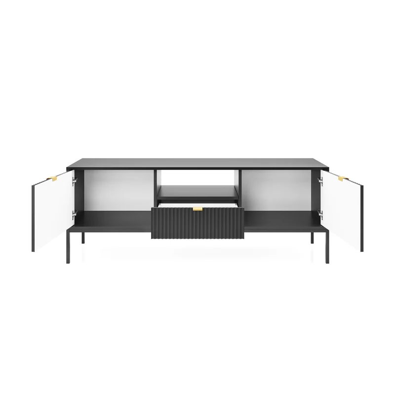 TV-Schrank Vellore 154 cm schwarz mit gerillten Fronten und goldenen Griffen