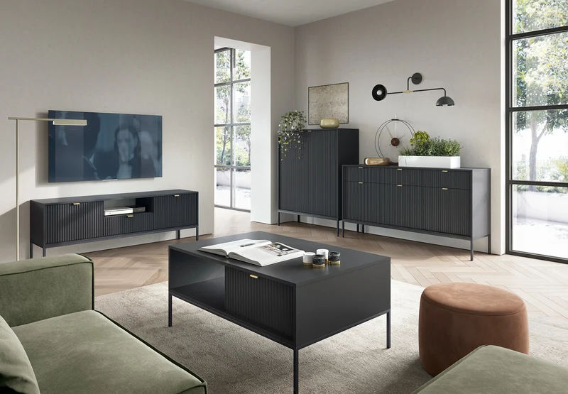 TV-Schrank Vellore 154 cm schwarz mit gerillten Fronten und goldenen Griffen