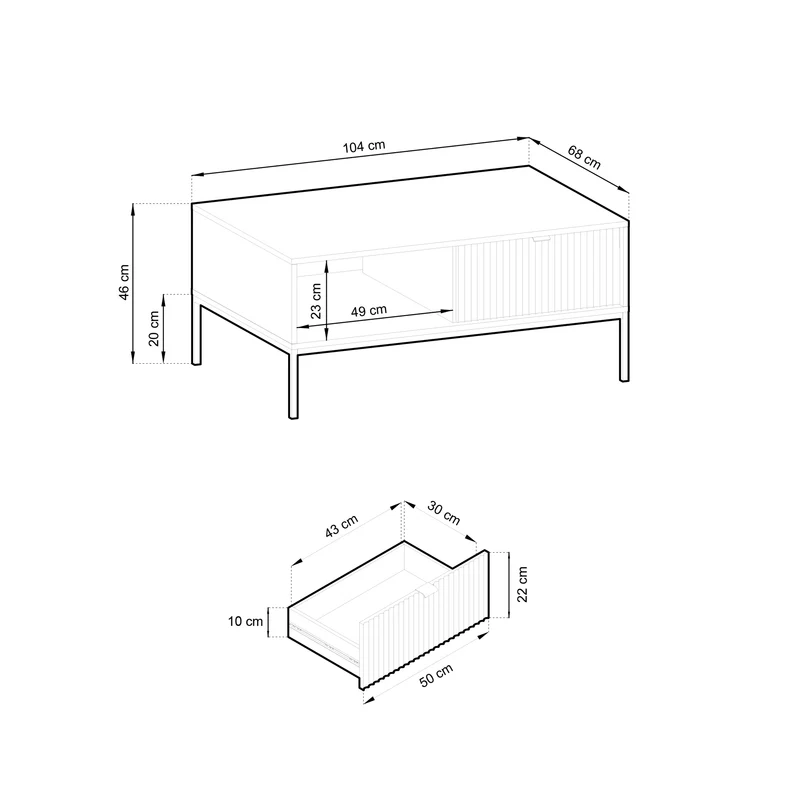Couchtisch Vellore 104x68 cm grau mit geriffelter Front und goldenem Griff