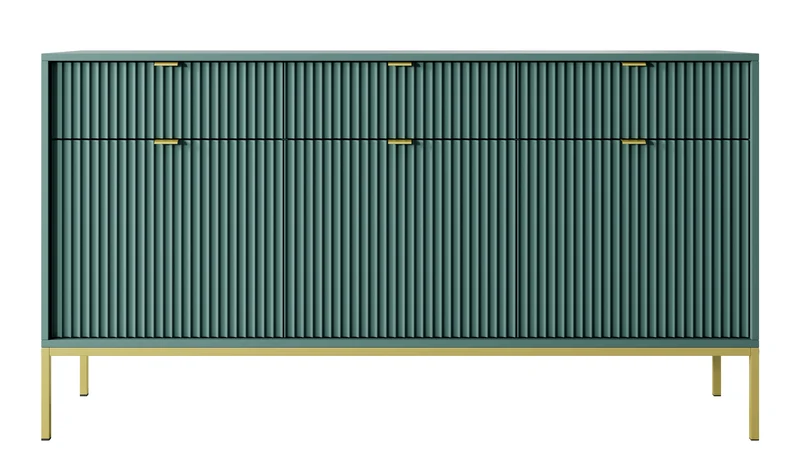 Drehtür-Kommode Vellore 154 cm grün mit gerillten Fronten, goldenen Griffen und Gestell