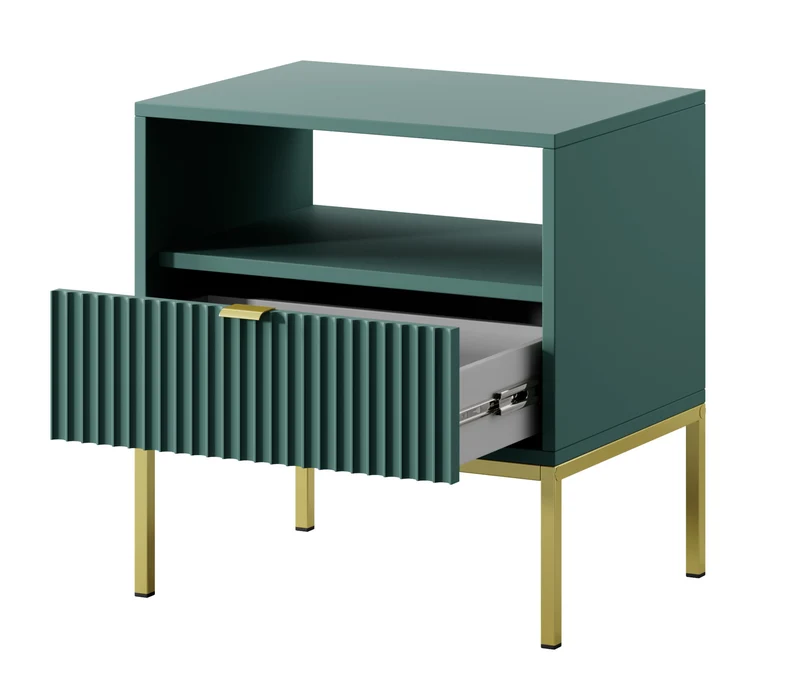 Nachttisch Vellore 54 cm grün mit geriffelter Front, goldenen Griffen und Gestell