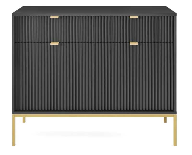 Zweiturige Kommode Vellore 104 cm schwarz mit gerillten Fronten und goldenem Gestell
