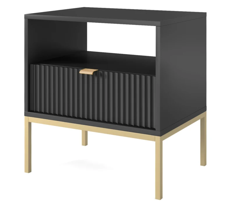 Nachttisch Vellore 54 cm schwarz mit geriffelter Front und goldenem Gestell