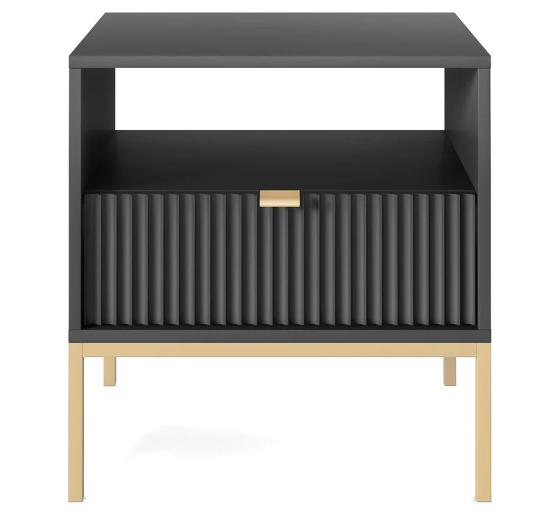 Nachttisch Vellore 54 cm schwarz mit geriffelter Front und goldenem Gestell