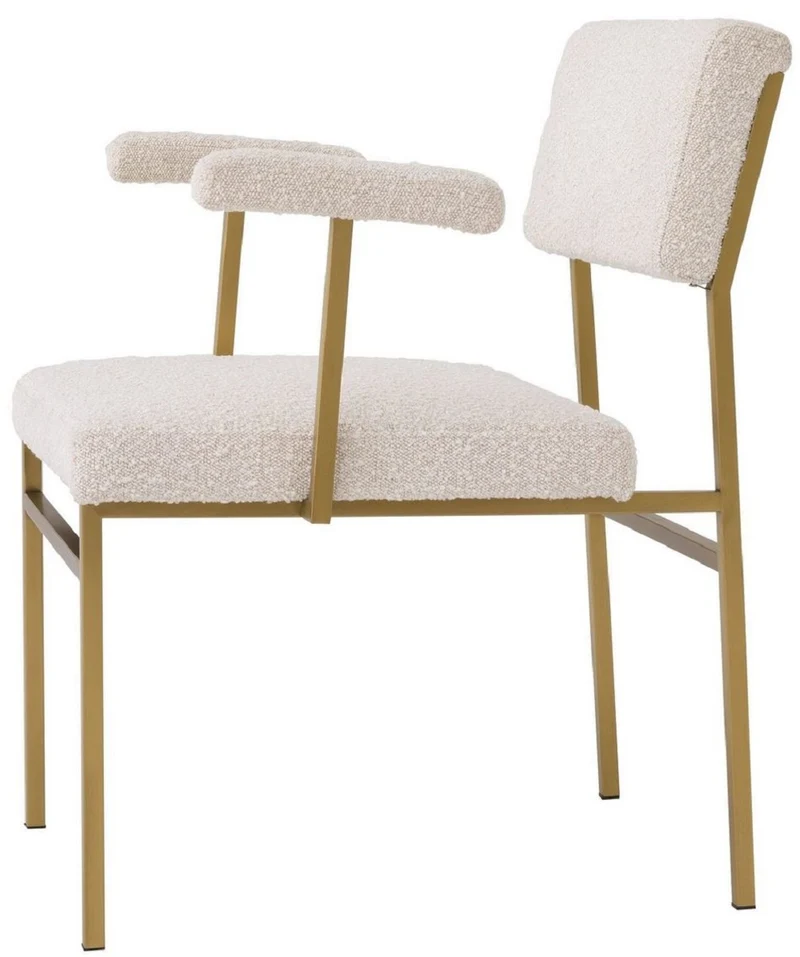 Casa Padrino Luxus Esszimmerstuhl Creme / Messingfarben 64 x 67 x H. 84 cm - Edler Küchenstuhl mit Armlehnen - Luxus Esszimmer Möbel