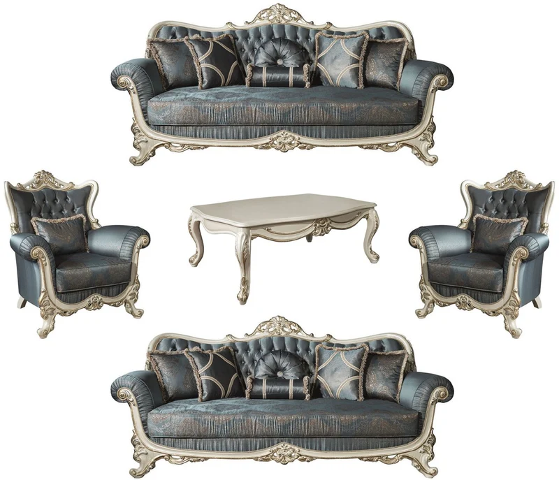Casa Padrino Luxus Barock Wohnzimmer Set Blau / Creme / Gold - 2 Sofas & 2 Sessel & 1 Couchtisch - Prunkvolle Möbel im Barockstil