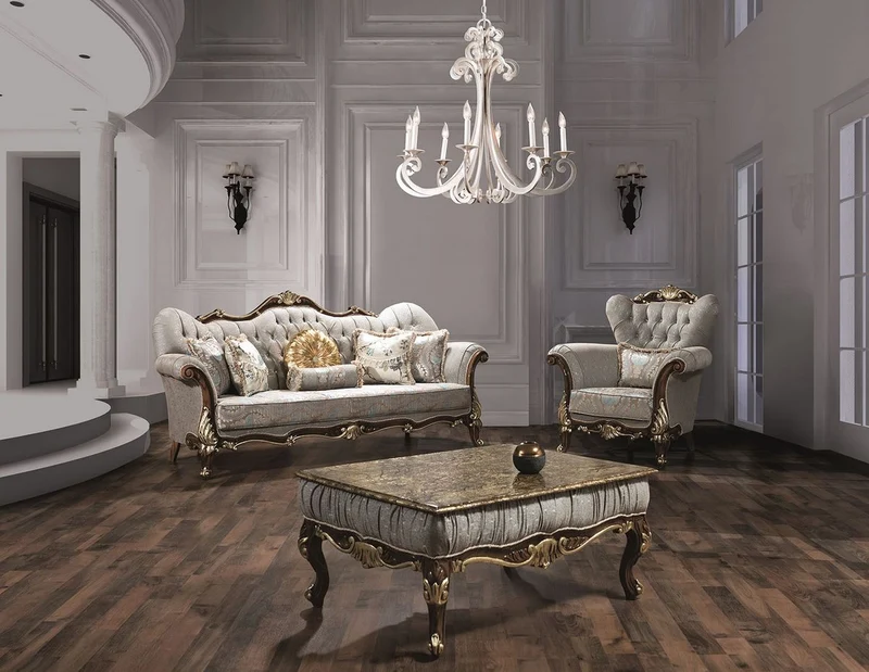 Casa Padrino Luxus Barock Wohnzimmer Set Silbergrau / Braun / Gold - 2 Sofas & 2 Sessel & 1 Couchtisch - Wohnzimmer Möbel - Edel & Prunkvoll