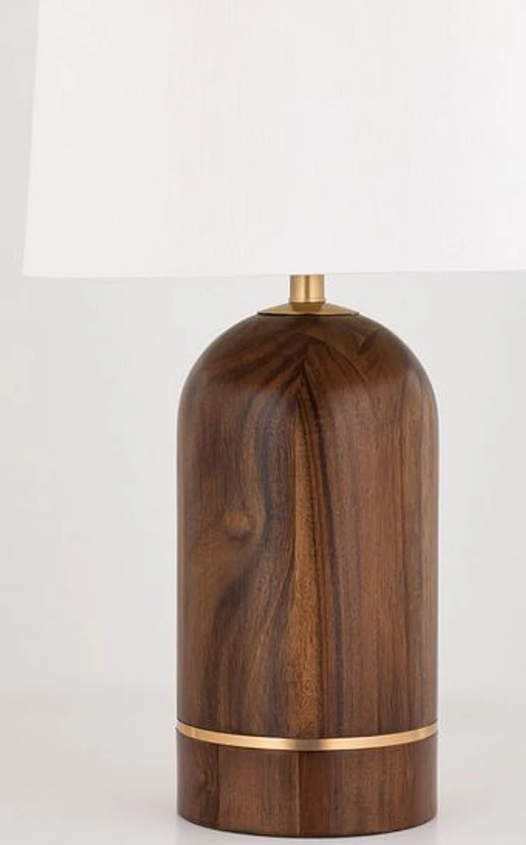Casa Padrino Luxus Tischleuchte Braun / Antik Messing / Weiß Ø 40,6 x H. 66 cm - Elegante Massivholz Tischlampe mit rundem Leinen Lampenschirm
