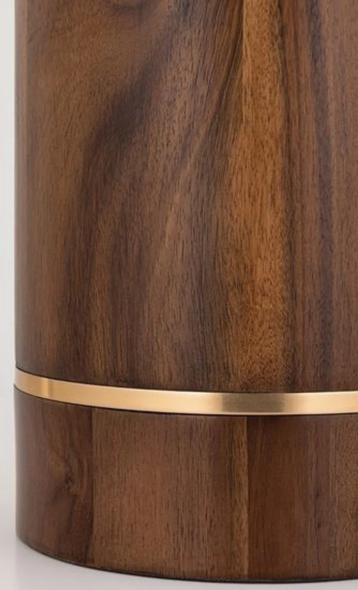 Casa Padrino Luxus Tischleuchte Braun / Antik Messing / Weiß Ø 40,6 x H. 66 cm - Elegante Massivholz Tischlampe mit rundem Leinen Lampenschirm