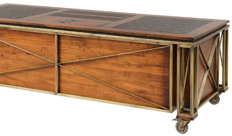 Casa Padrino Luxus Vintage Stil Schreibtisch Braun / Messing / Schwarz 234 x 98,5 x H. 75 cm - Massivholz Bürotisch mit Rollen - Vintage Stil Büro Möbel - Luxus Büro Möbel