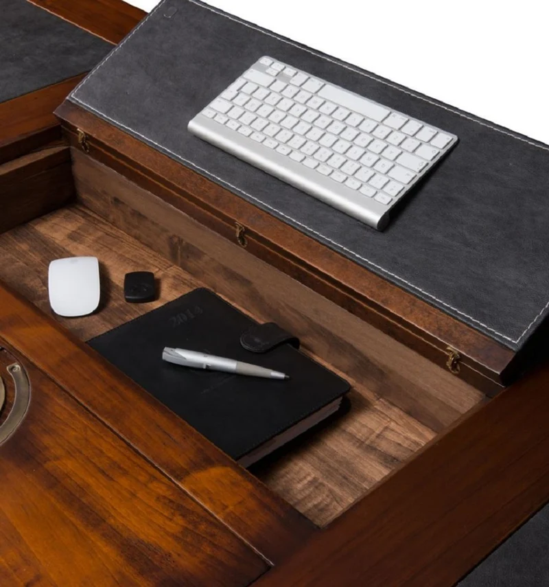 Casa Padrino Luxus Vintage Stil Schreibtisch Braun / Messing / Schwarz 234 x 98,5 x H. 75 cm - Massivholz Bürotisch mit Rollen - Vintage Stil Büro Möbel - Luxus Büro Möbel