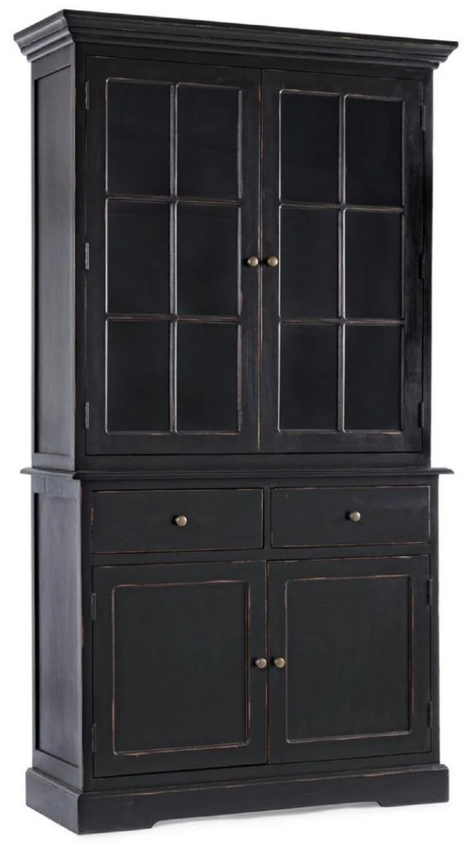 Casa Padrino Landhausstil Schrank Antik Schwarz 111,4 x 42,5 x H. 203 cm - Landhausstil Esszimmerschrank mit 4 Türen und 2 Schubladen - Landhausstil Vitrine - Landhausstil Esszimmer Möbel