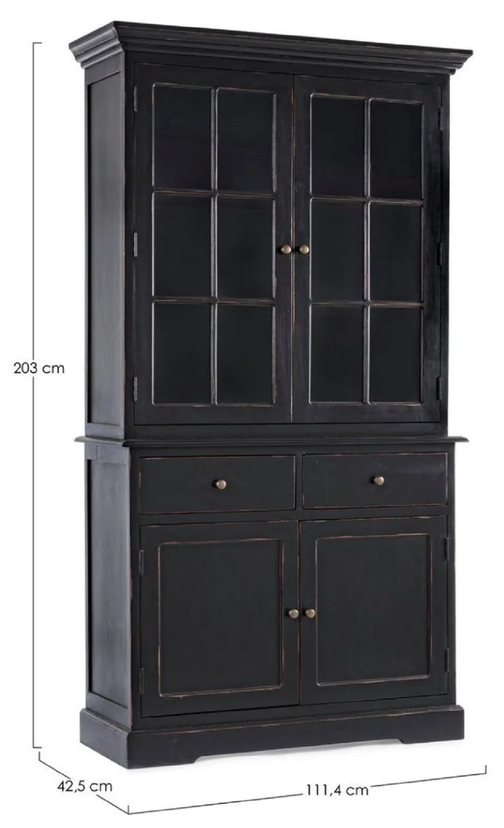 Casa Padrino Landhausstil Schrank Antik Schwarz 111,4 x 42,5 x H. 203 cm - Landhausstil Esszimmerschrank mit 4 Türen und 2 Schubladen - Landhausstil Vitrine - Landhausstil Esszimmer Möbel