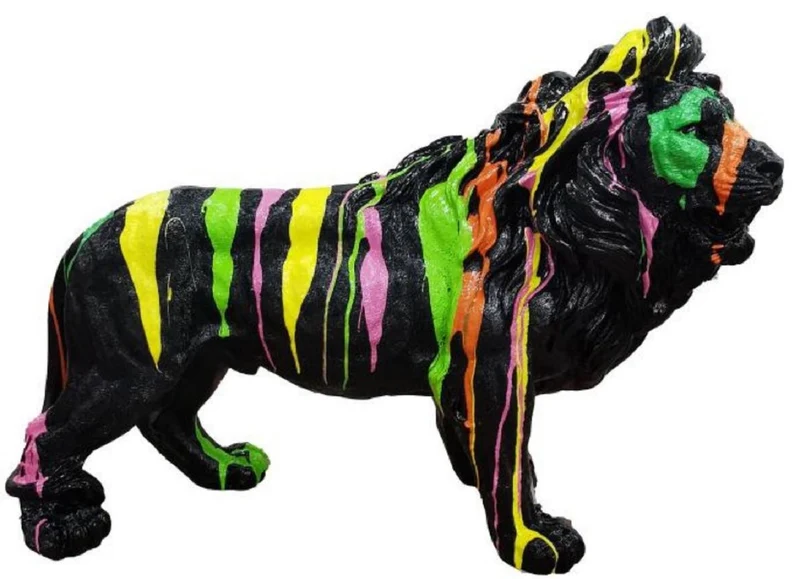 Casa Padrino Luxus Deko Skulptur Löwe Schwarz / Mehrfarbig 100 x H. 68 cm - Große Deko Figur - XXL Deko Skulptur - XXL Deko Figur - XXL Tierfigur - Wohnzimmer Deko - Garten Deko - Deko XXL Figuren