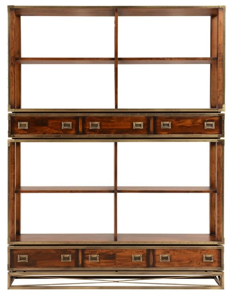 Casa Padrino Luxus Vintage Stil Regalschrank Braun / Messing 152 x 35 x H. 200,5 cm - Vintage Stil Bücherschrank mit 6 Schubladen - Luxus Wohnzimmer Massivholz Möbel im Vintage Stil