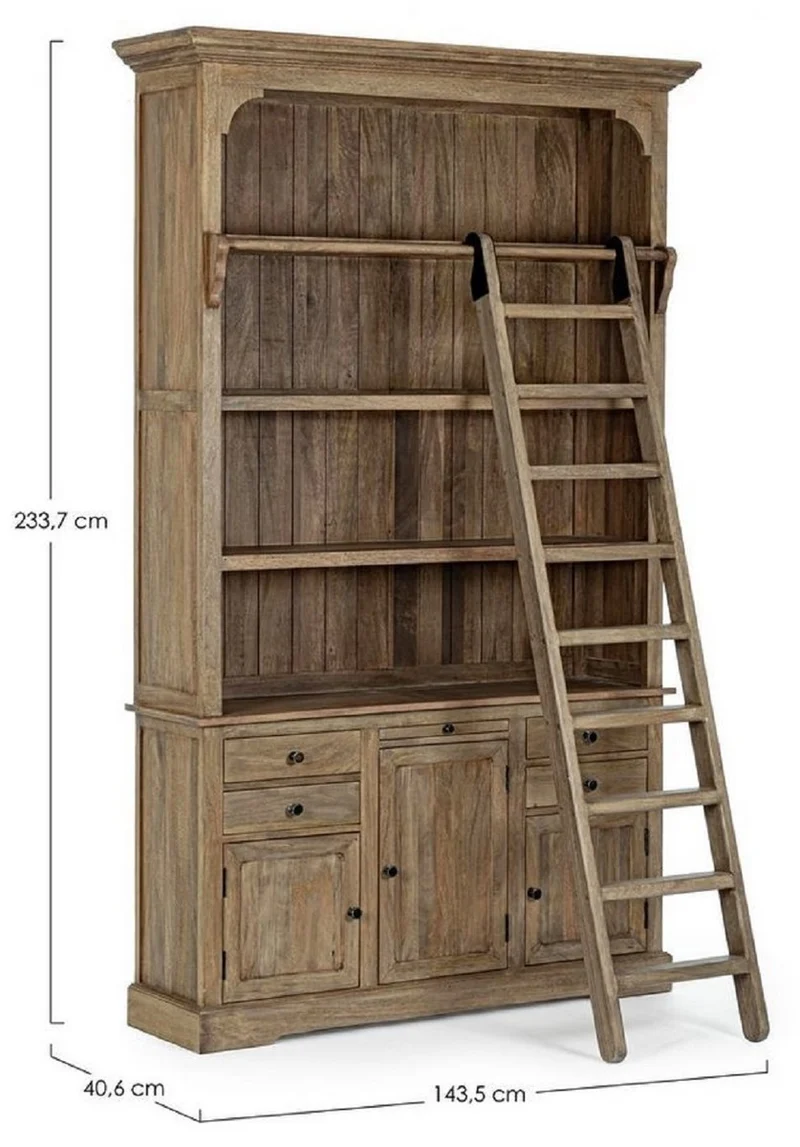 Casa Padrino Landhausstil Schrank mit Leiter Braun 143,5 x 40,6 x H. 233,7 cm - Bücherschrank - Regalschrank - Wohnzimmerschrank - Büroschrank - Landhausstil Möbel