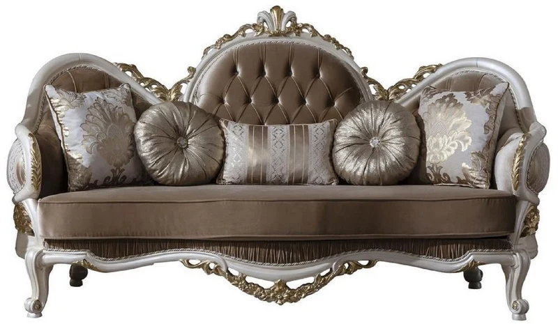Casa Padrino Luxus Barock Sofa Braun / Weiß / Gold 220 x 80 x H. 124 cm - Prunkvolles Wohnzimmer Sofa mit dekorativen Kissen - Barock Möbel