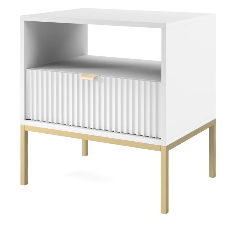 Nachttisch Vellore 54 cm weiß mit geriffelter Front und goldenem Gestell