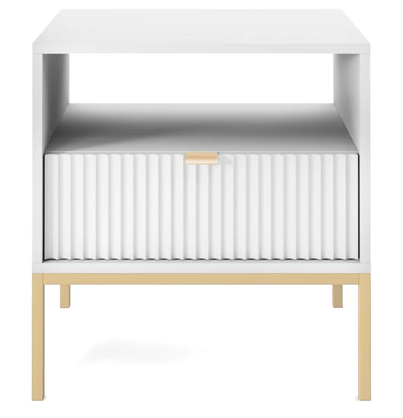 Nachttisch Vellore 54 cm weiß mit geriffelter Front und goldenem Gestell