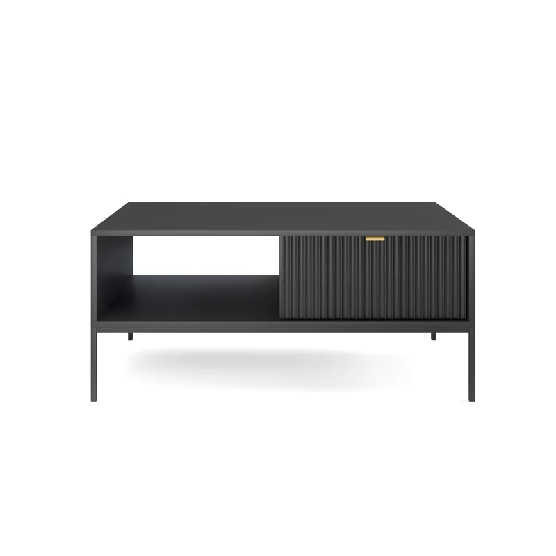 Couchtisch Vellore 104x68 cm schwarz mit geriffelter Front und goldenem Griff