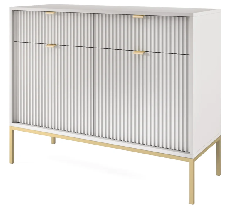 Zweittürige Kommode Vellore 104 cm grau mit gerillten Fronten und goldenem Gestell