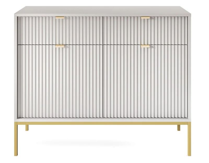 Zweittürige Kommode Vellore 104 cm grau mit gerillten Fronten und goldenem Gestell