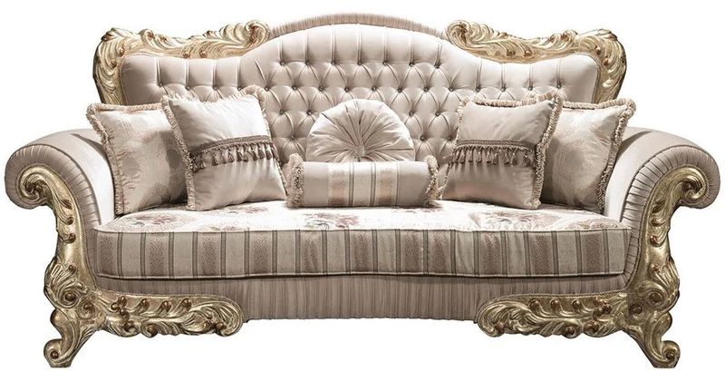 Casa Padrino Luxus Barock Wohnzimmer Set Beige / Gold - 2 Sofas & 2 Sessel & 1 Couchtisch - Prunkvolle Wohnzimmermöbel im Barockstil