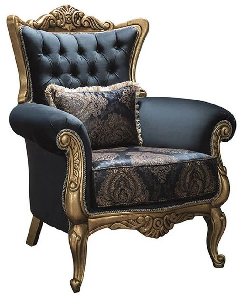 Casa Padrino Luxus Barock Wohnzimmer Set Blau / Gold - 2 Sofas & 2 Sessel & 1 Couchtisch - Wohnzimmer Möbel - Edel & Prunkvoll
