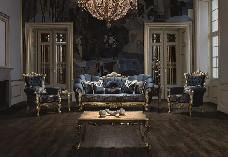 Casa Padrino Luxus Barock Wohnzimmer Set Blau / Gold - 2 Sofas & 2 Sessel & 1 Couchtisch - Wohnzimmer Möbel - Edel & Prunkvoll