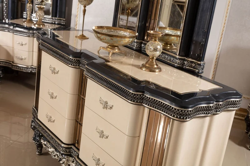 Casa Padrino Luxus Barock Kommode mit Spiegel Beige / Schwarz / Gold - Barockstil Schlafzimmer Kommode mit Spiegel - Luxus Schlafzimmer Möbel im Barockstil - Barock Möbel - Edel & Prunkvoll
