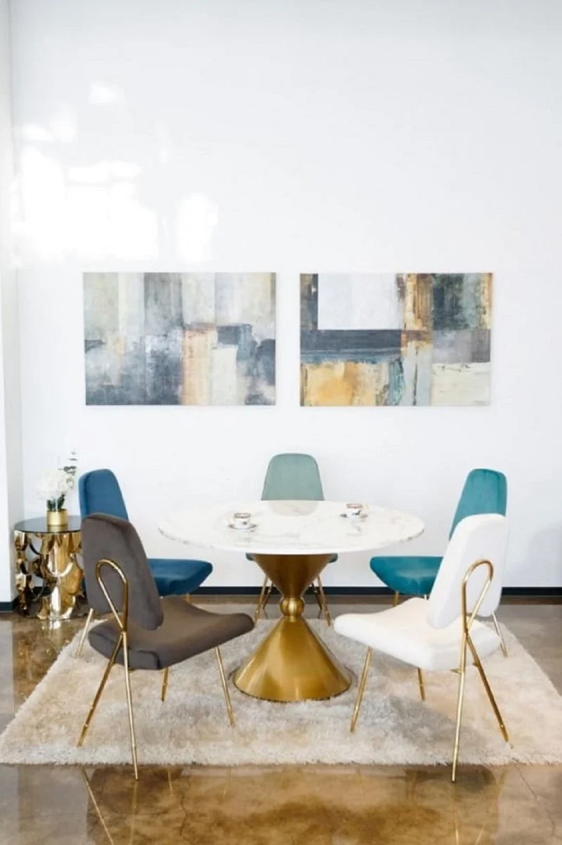 Casa Padrino Luxus Esstisch Weiß / Gold Ø 100 x H. 75 cm - Runder Esszimmertisch mit Kunstmarmor Tischplatte - Esszimmer Möbel - Luxus Möbel - Luxus Einrichtung - Esszimmer Einrichtung