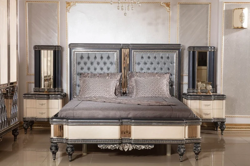Casa Padrino Luxus Barock Nachtkommode Beige / Schwarz / Gold - Prunkvoller Barockstil Nachttisch mit 2 Schubladen - Luxus Schlafzimmer Möbel im Barockstil - Barock Möbel - Barock Interior
