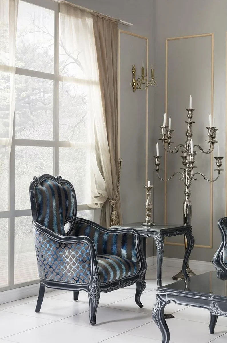 Casa Padrino Luxus Barock Wohnzimmer Sessel Grau / Blau / Grau 80 x 80 x H. 116 cm - Edler Massivholz Sessel mit Streifen - Barockstil Wohnzimmer Möbel