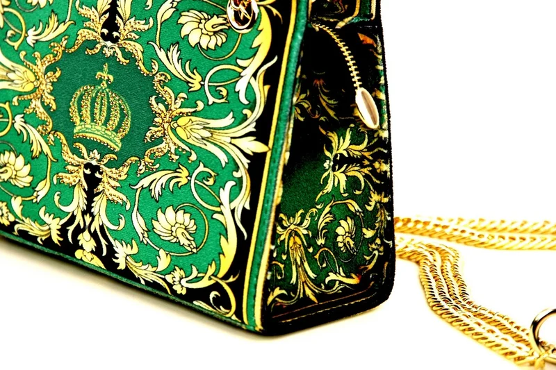 Pompöös by Casa Padrino Luxus Damen Handtasche Baroque Flowers mit Krone und Strass Steine Grün / Schwarz / Gold 25 x H. 20 cm - designed by Harald Glööckler