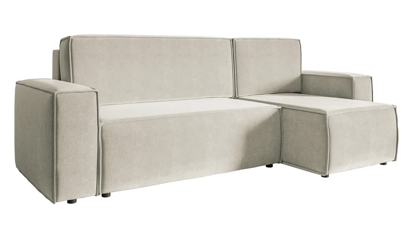 Ecksofa mit Schlaffunktion Copertino, L-förmig, mit Stauraum, universell, hellbeiger hydrophober Samtstoff