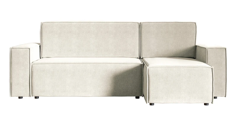 Ecksofa mit Schlaffunktion Copertino, L-förmig, mit Stauraum, universell, hellbeiger hydrophober Samtstoff