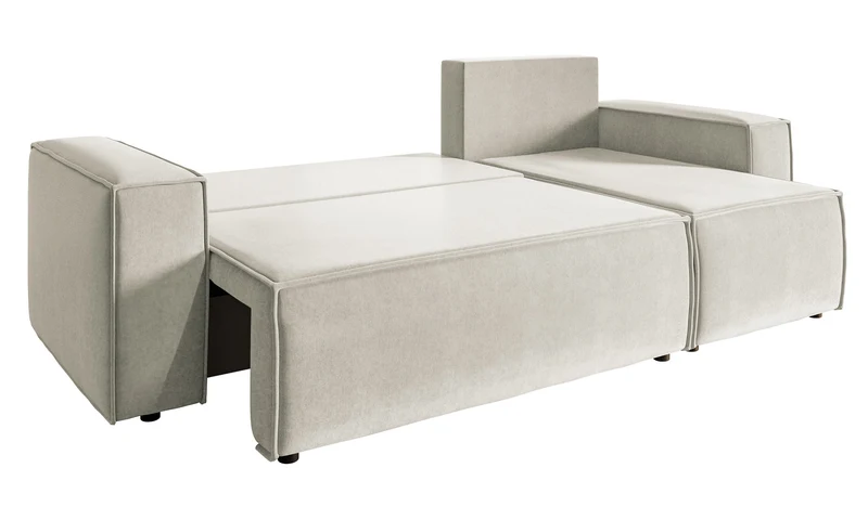 Ecksofa mit Schlaffunktion Copertino, L-förmig, mit Stauraum, universell, hellbeiger hydrophober Samtstoff